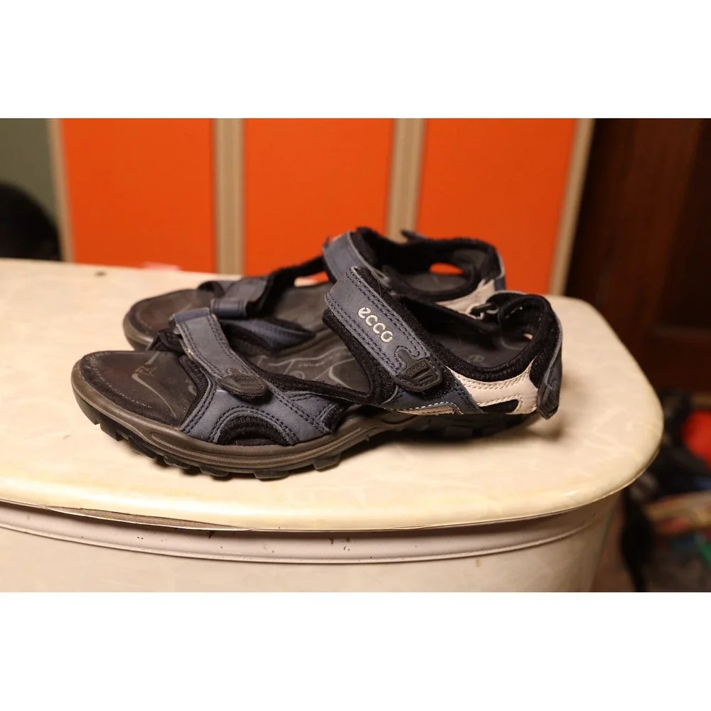 ECCO Mens Sport Sandals Navy Blue Black Leather Hiking Trail Shoes 39 US‎ 8-8.5